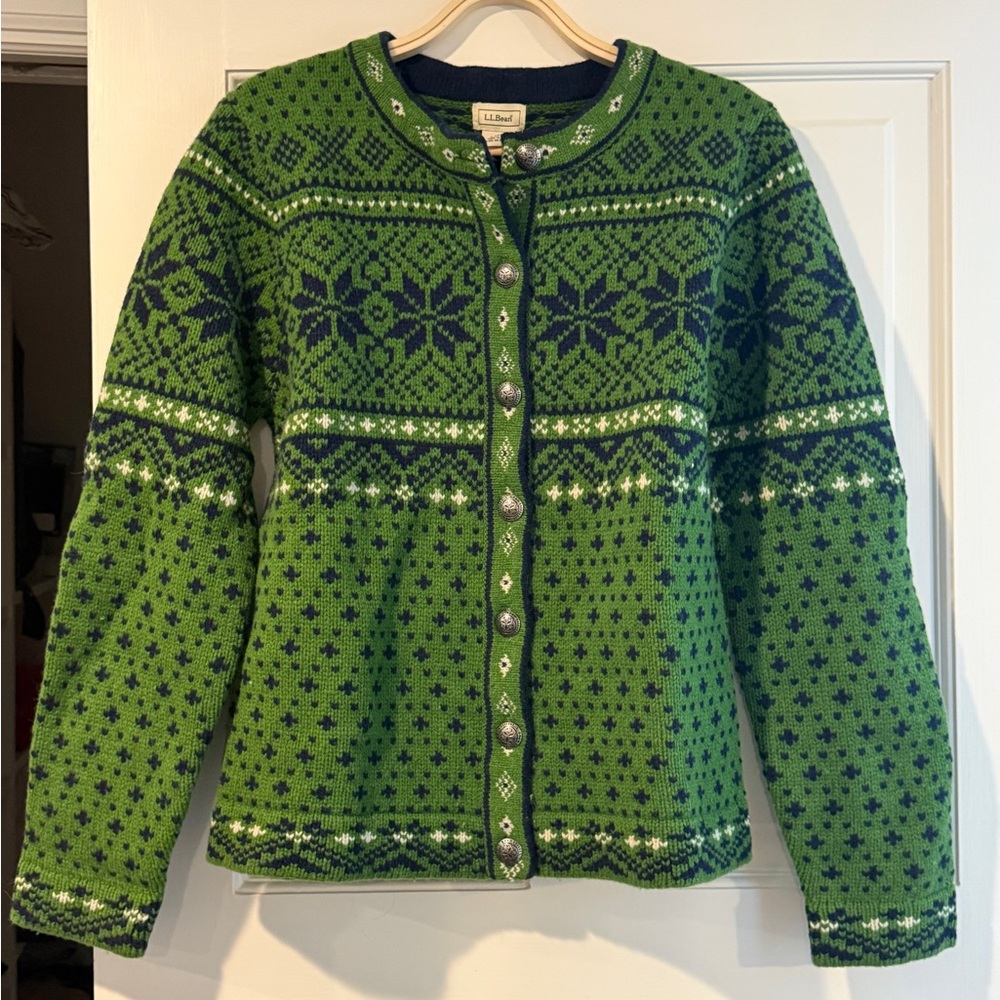 LLBean, 100% lamb’s wool cardigan/jack Green and Navy fair isle.